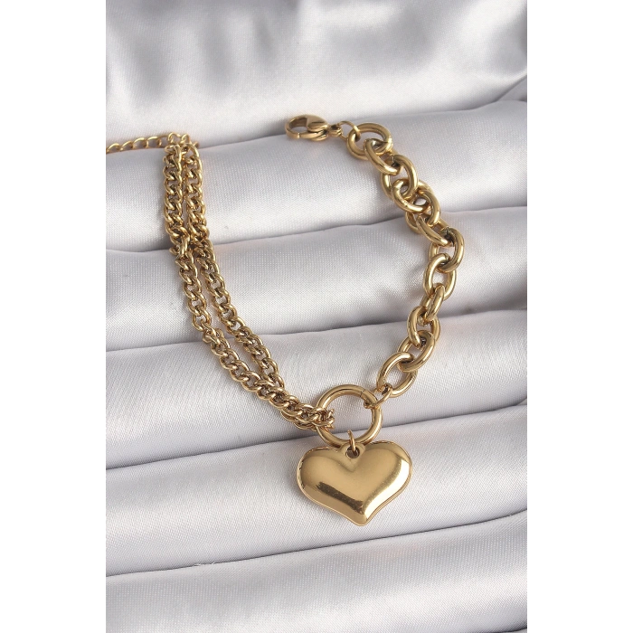 Dodes Dodes 316L Çelik Gold Renk 2Li Zincir Model Kalp Figür Kadın Bileklik TG27BB6727