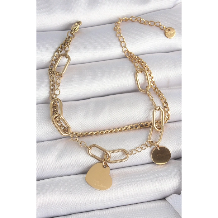 Dodes Dodes 316L Çelik Gold Renk 2Li Zincir Model Sallantı Kalp Figür Kadın Bileklik TG27BB6953