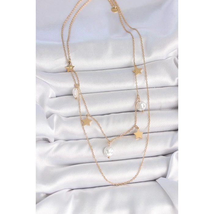 Dodes Dodes 316L Çelik Gold Renk 2Li Zincir Sallantı Yıldız İnci Model Kadın Kolye TG27BKO10110