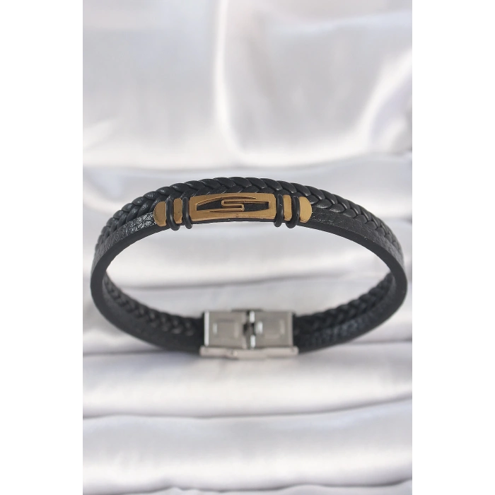 Dodes Dodes 316L Çelik Gold Renk Aksesuarlı Çift Sıra Siyah Burgu Desenli Deri Kordon Erkek Bileklik TG27EB3710