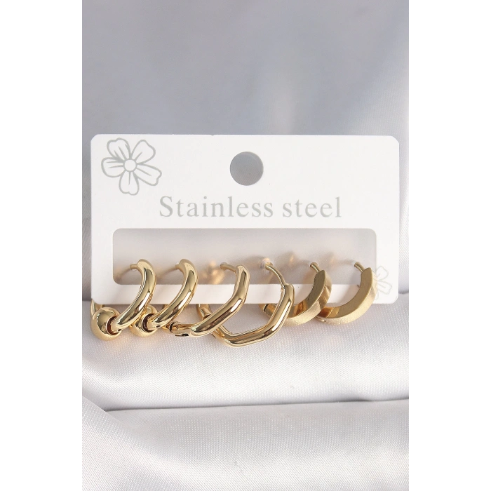 Dodes Dodes 316L Çelik Gold Renk Altıgen Halka Model Kadın Küpe Seti TG27BKP10387