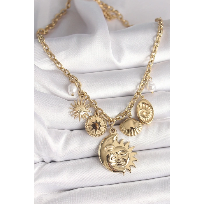 Dodes Dodes 316L Çelik Gold Renk Ay Güneş Figür Deniz Kabuğu Detay Kadın Kolye TG27BKO9913