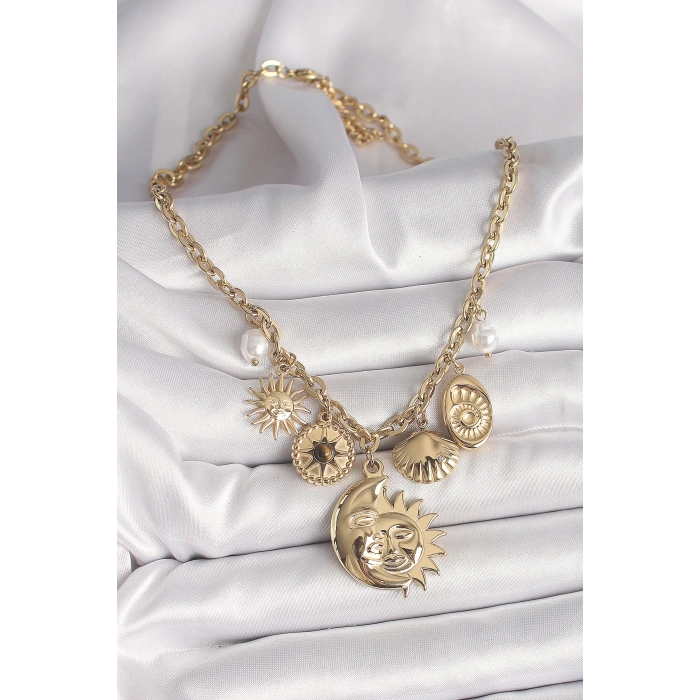 Dodes Dodes 316L Çelik Gold Renk Ay Güneş Figür Deniz Kabuğu Detay Kadın Kolye TG27BKO9913