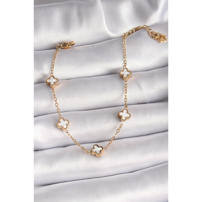 Dodes Dodes 316L Çelik Gold Renk Beyaz Baby Boy Yonca Model Kadın Bileklik TG27BB6476