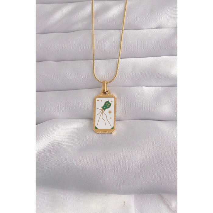 Dodes Dodes 316L Çelik Gold Renk Beyaz Mineli Tarot Kolye TG27BKO9039