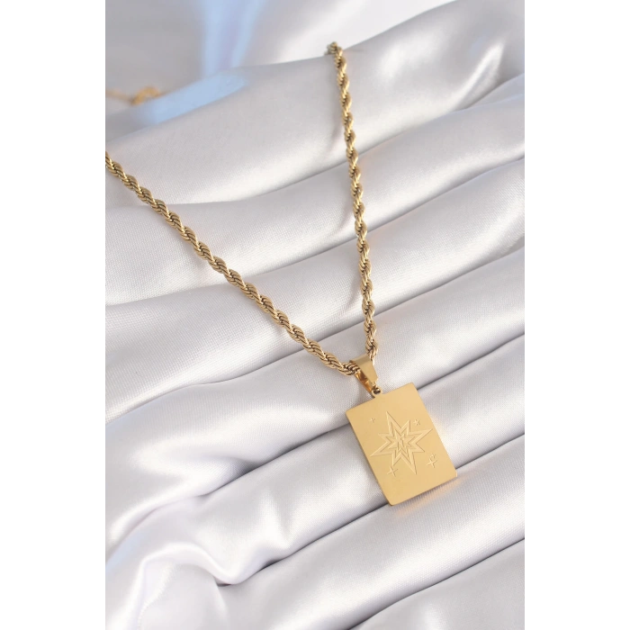 Dodes Dodes 316L Çelik Gold Renk Burgu Zincir Kutup Yıldızı İşleme Plaka Figür Kadın Kolye TG27BKO8451