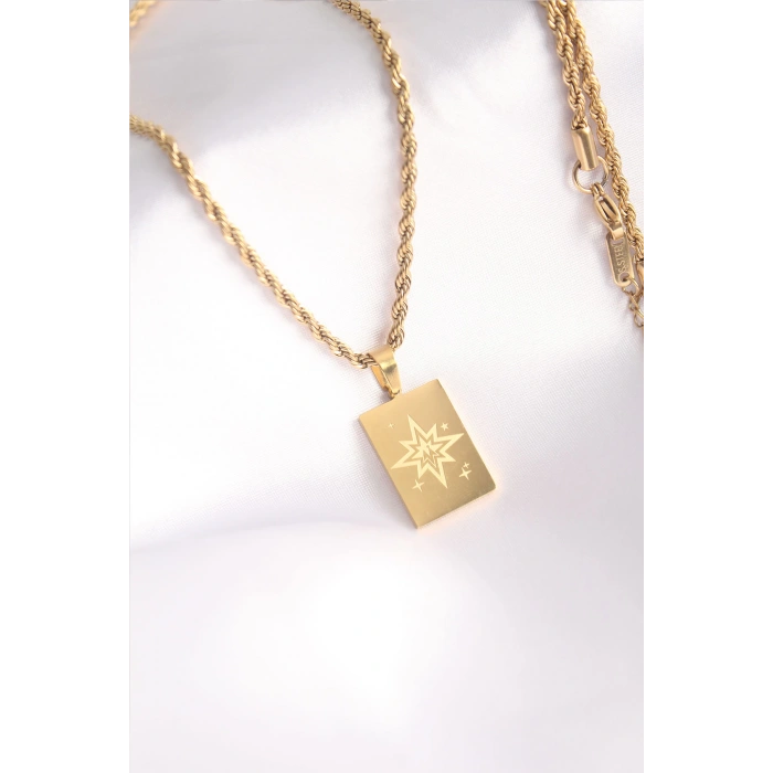 Dodes Dodes 316L Çelik Gold Renk Burgu Zincir Kutup Yıldızı İşleme Plaka Figür Kadın Kolye TG27BKO8451