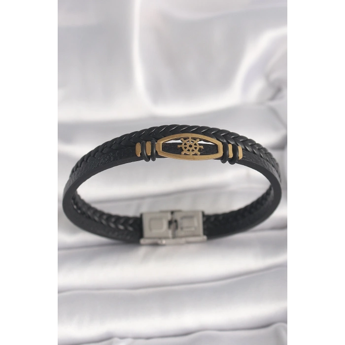 Dodes Dodes 316L Çelik Gold Renk Gemi Dümen Figür Siyah Renk Çift Sıra Burgu Desenli Deri Kordon Erkek Bileklik TG27EB3706