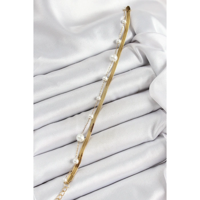 Dodes Dodes 316L Çelik Gold Renk İncili ve İtalyan Zincirli Kadın Bileklik TG27BB7094