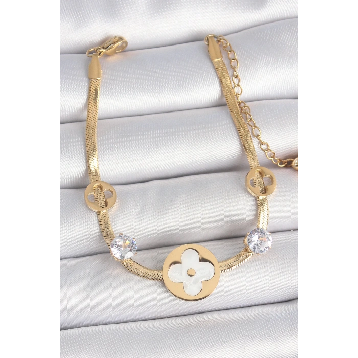 Dodes Dodes 316L Çelik Gold Renk İtalyan Zincir Beyaz Mineli Yonca Model Zirkon Taş Detaylı Kadın Bileklik TG27BB6954