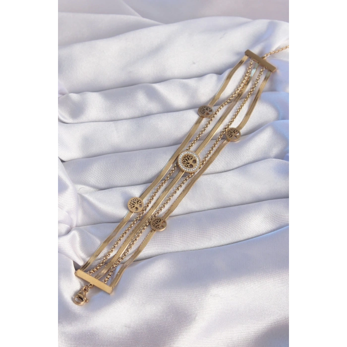 Dodes Dodes 316L Çelik Gold Renk İtalyan Zincir Detaylı Zirkon Taşlı Yaşam Ağacı Tasarımlı Çoklu Bileklik TG27BB6205