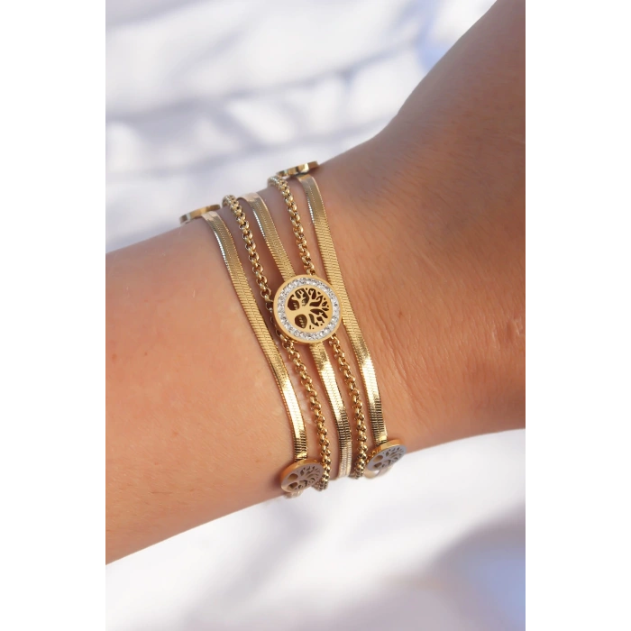 Dodes Dodes 316L Çelik Gold Renk İtalyan Zincir Detaylı Zirkon Taşlı Yaşam Ağacı Tasarımlı Çoklu Bileklik TG27BB6205