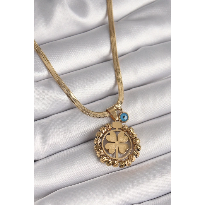 Dodes Dodes 316L Çelik Gold Renk İtalyan Zincir Dorika Yonca Model Nazar Boncuk Detay Kadın Kolye TG27BKO9875