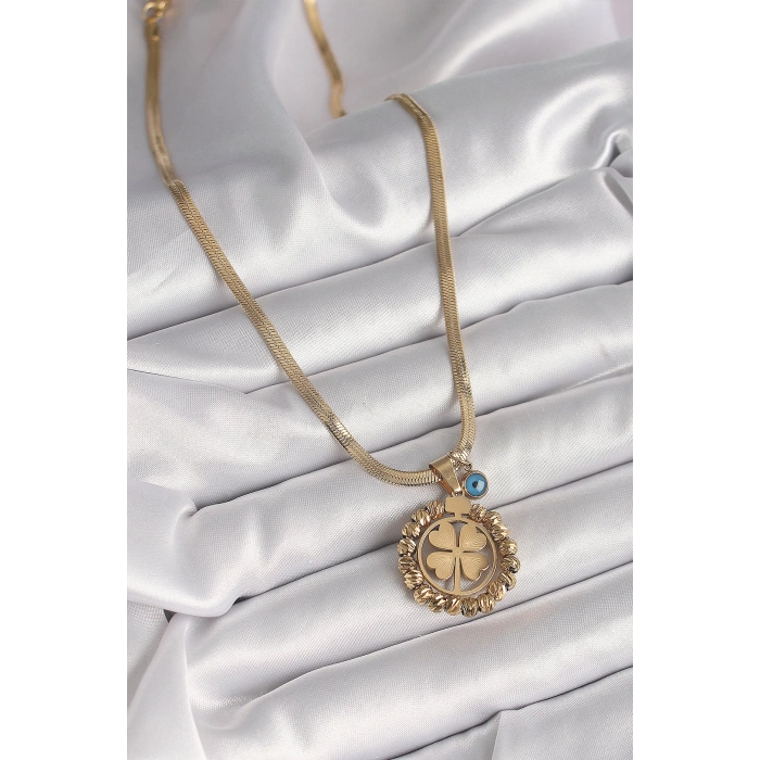 Dodes Dodes 316L Çelik Gold Renk İtalyan Zincir Dorika Yonca Model Nazar Boncuk Detay Kadın Kolye TG27BKO9875