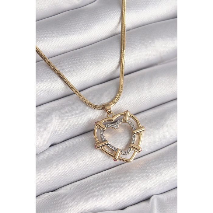 Dodes Dodes 316L Çelik Gold Renk İtalyan Zincir Mix Renk Zirkon Taşlı Kalp Model Kadın Kolye TG27BKO9601