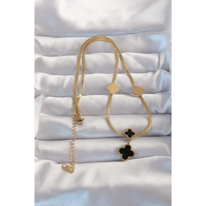 Dodes Dodes 316L Çelik Gold Renk İtalyan Zincirli Mineli Yonca Kolye TG27BKO8969