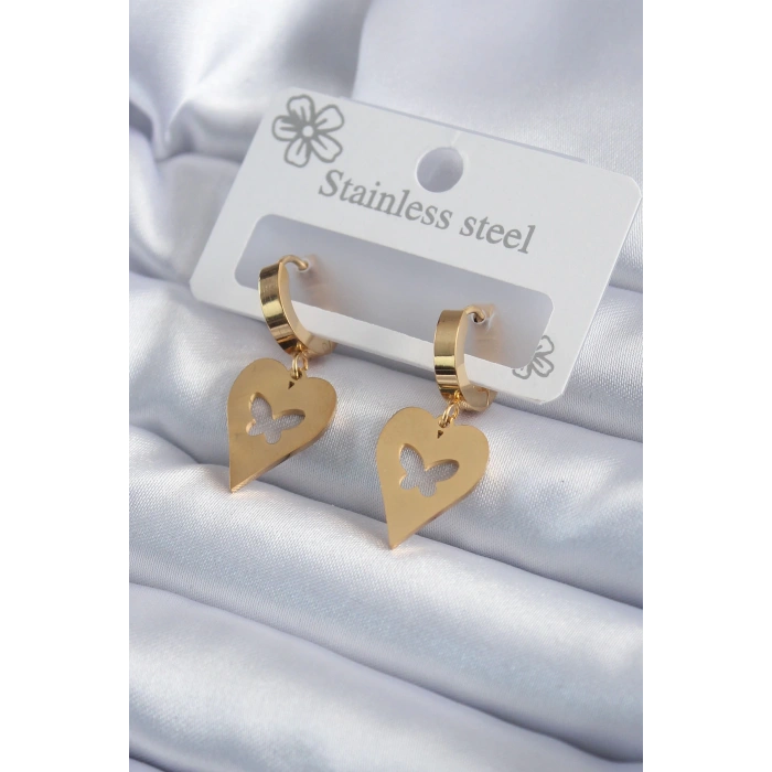 Dodes Dodes 316L Çelik Gold Renk Kalp Model Kelebek İşleme Kadın Küpe TG27BKP7984