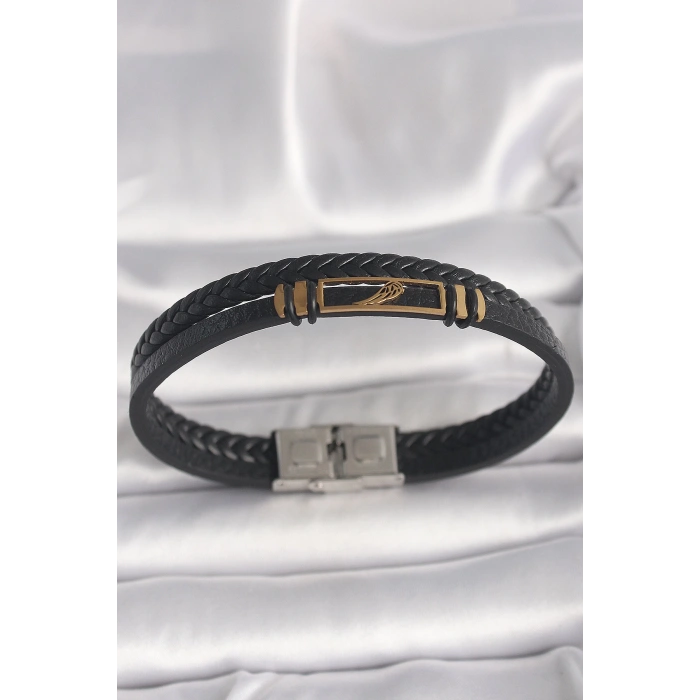 Dodes Dodes 316L Çelik Gold Renk Kanat Aksesuarlı Siyah Burgu Model Deri Kordon Erkek Bileklik TG27EB3703