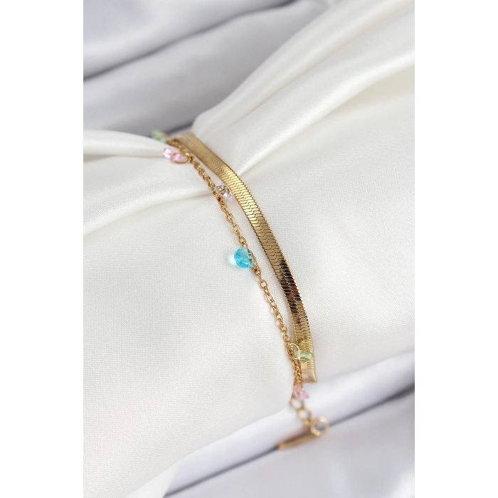 Dodes Dodes 316L Çelik Gold Renk Karışık Renkli Kristal Taşlı 2li Kadın Bileklik TG27BB7093