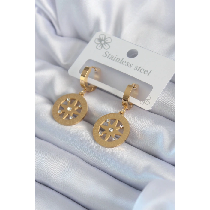 Dodes Dodes 316L Çelik Gold Renk Kutup Yıldızı Model İşleme Detay Zirkon Taşlı Kadın Küpe TG27BKP8063