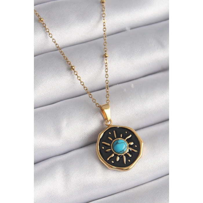 Dodes Dodes 316L Çelik Gold Renk Mavi Boncuk Güneş İşleme Madalyon Model Kadın Kolye TG27BKO9524