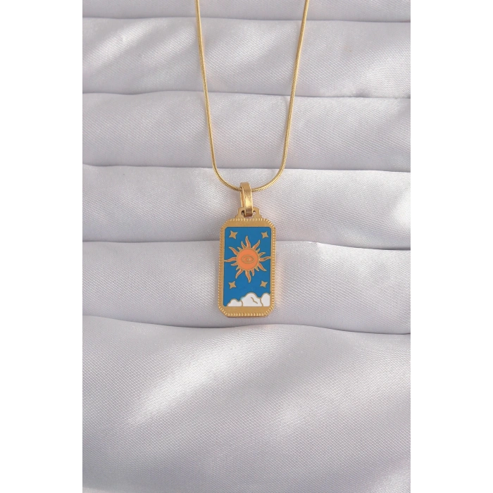 Dodes Dodes 316L Çelik Gold Renk Mavi Mineli Güneş Model Tarot Kolye TG27BKO9026