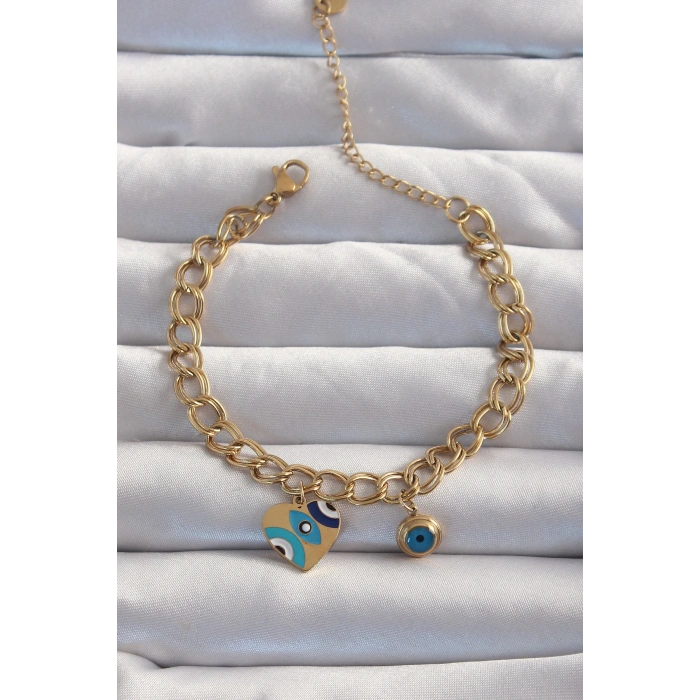 Dodes Dodes 316L Çelik Gold Renk Nazarlı Kalp Model Zincir Bileklik TG27BB6227
