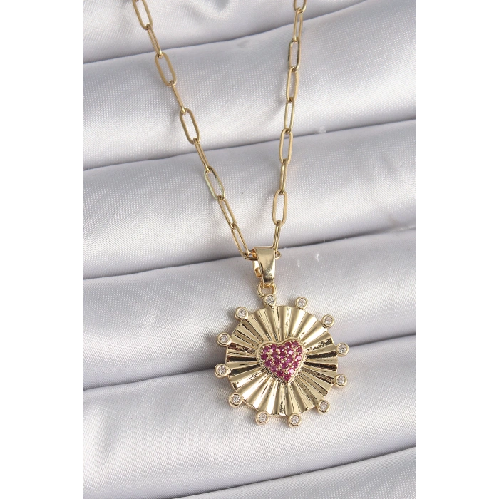 Dodes Dodes 316L Çelik Gold Renk Pembe Zirkon Taşlı Kalp İşleme Madalyon Model Kadın Kolye TG27BKO9534