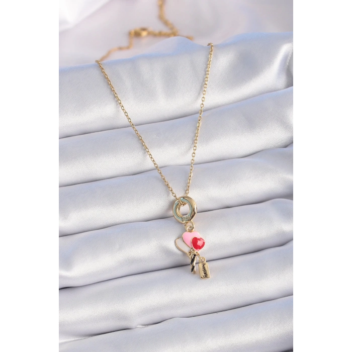 Dodes Dodes 316L Çelik Gold Renk Renkli Kalp Figür Charm Model Kadın Kolye TG27BKO9320