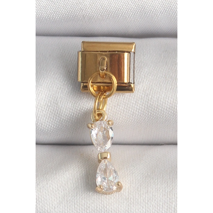Dodes Dodes 316L Çelik Gold Renk Sallantı Zirkon Taşlı Kurdele Model Nomination Charm TG27BC1351