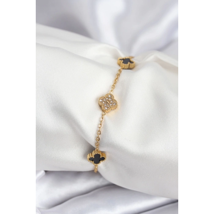 Dodes Dodes 316L Çelik Gold Renk Siyah ve Zirkon Taşlı Baby Boy Yonca Kadın Bileklik TG27BB7953