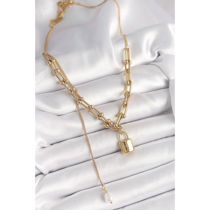 Dodes Dodes 316L Çelik Gold Renk Tifany Zincir Model Kilit Figür Sallantı İnci Detay Kadın Kolye TG27BKO9938