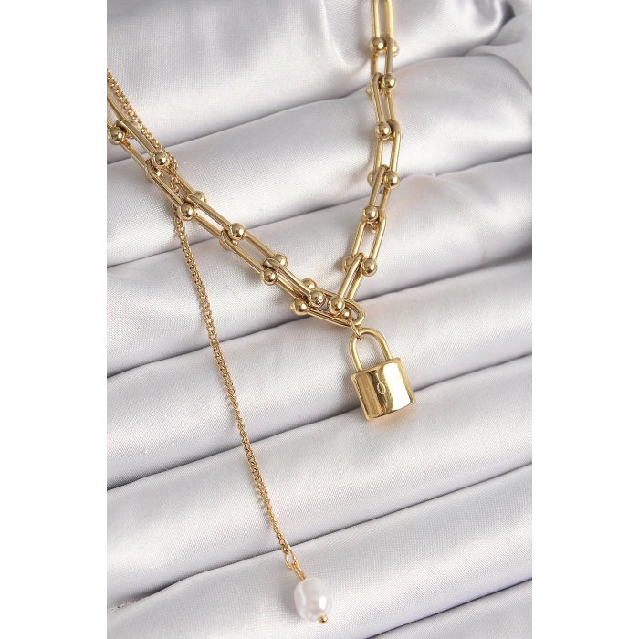 Dodes Dodes 316L Çelik Gold Renk Tifany Zincir Model Kilit Figür Sallantı İnci Detay Kadın Kolye TG27BKO9938