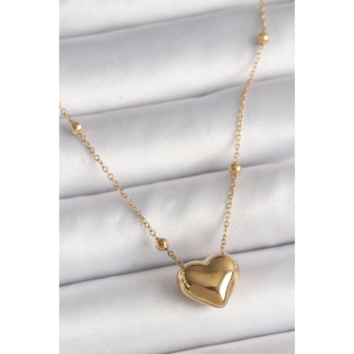 Dodes Dodes 316L Çelik Gold Renk Topçuk Detaylı Zincir Kalp Model Kadın Kolye TG27BKO9772