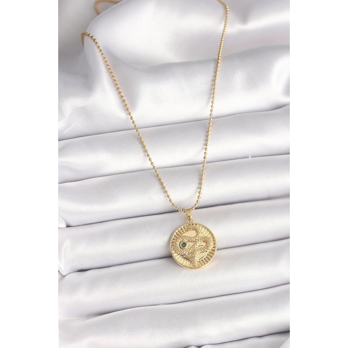 Dodes Dodes 316L Çelik Gold Renk Topçuk Zincir Yılan İşlemeli Zirkon Taş Detaylı Madalyon Model Kadın Kolye TG27BKO9844