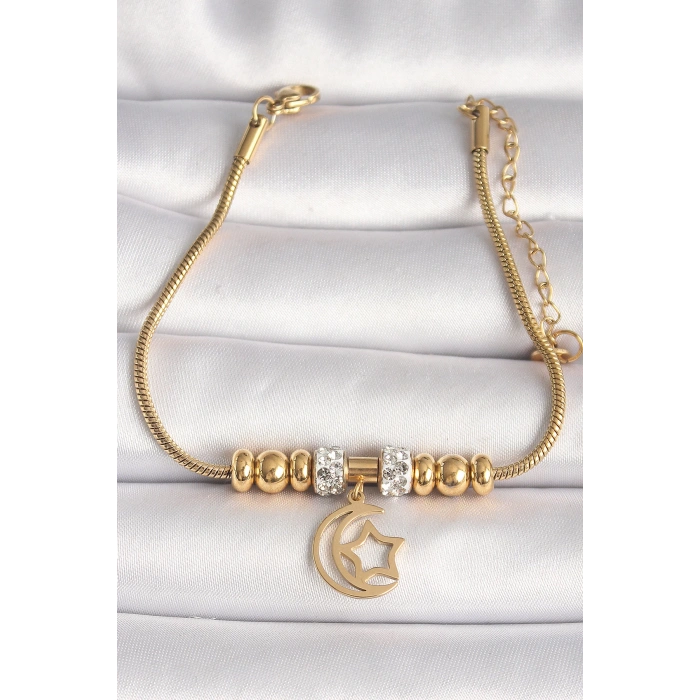 Dodes Dodes 316L Çelik Gold Renk Tüp Zincir Zirkon Taş Detaylı Sallantı Ay Yıldız Figür Kadın Bileklik TG27BB6759
