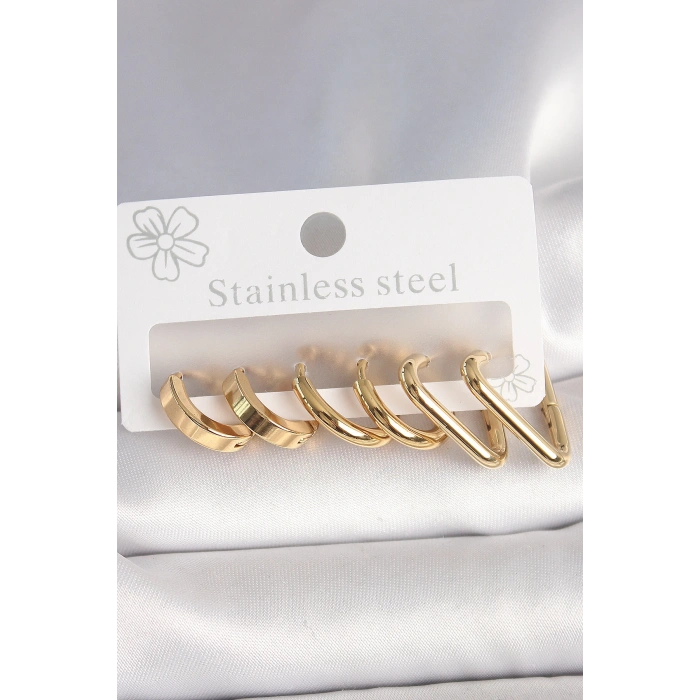 Dodes Dodes 316L Çelik Gold Renk Üçgen Halka Model Kadın Küpe Seti TG27BKP10390