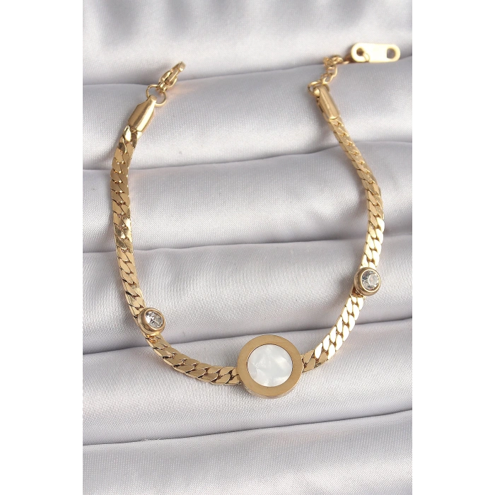Dodes Dodes 316L Çelik Gold Renk Yassı Zincir Model Zirkon Taş Detaylı Beyaz Mineli Madalyon Model Kadın Bileklik TG27BB6732