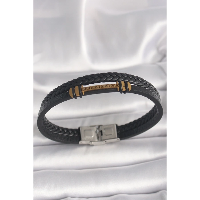 Dodes Dodes 316L Çelik Gold Renk ZikZak İşlemeli Aksesuarlı Çift Sıra Burgu Desenli Deri Kordon Erkek Bileklik TG27EB3705