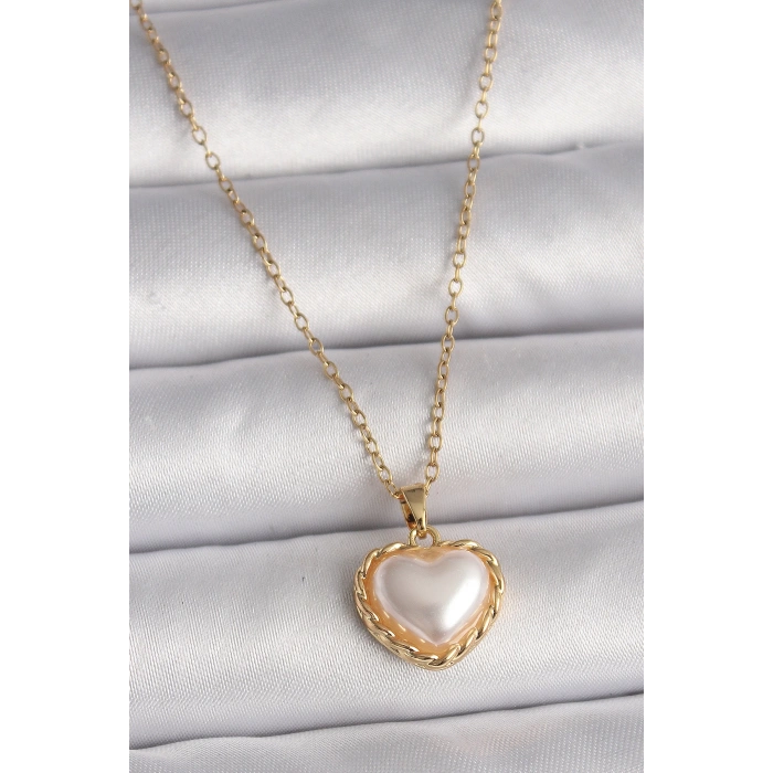 Dodes Dodes 316L Çelik Gold Renk Zincir 3D İnci Kalp Model Kadın Kolye TG27BKO9713