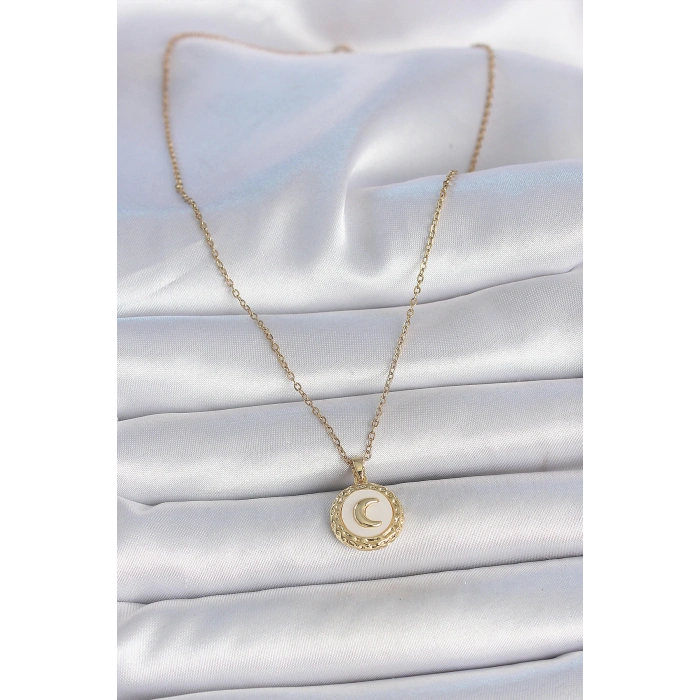 Dodes Dodes 316L Çelik Gold Renk Zincir Beyaz Mineli Hilal İşlemeli Madalyon Model Kadın Kolye TG27BKO10035