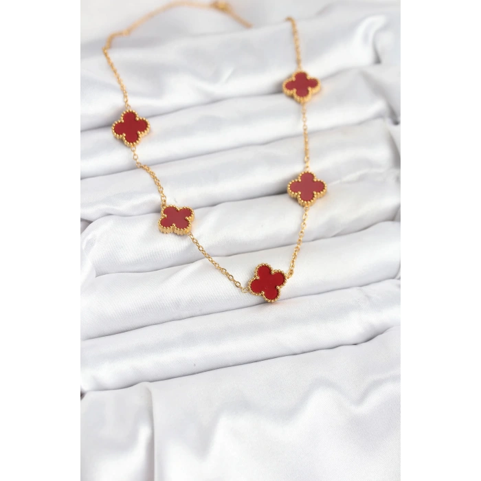 Dodes Dodes 316L Çelik Gold Renk Zincir Bordo Yonca Kadın Kolye TG27BKO10565