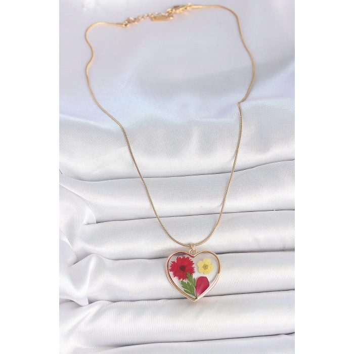 Dodes Dodes 316L Çelik Gold Renk Zincir Epokis Kalp Doğal Çiçek Model Kadın Kolye TG27BKO10068