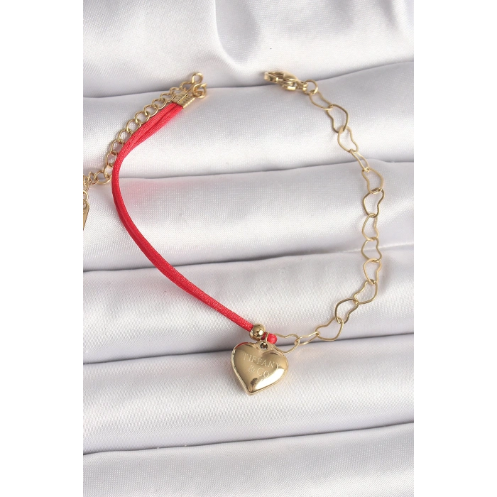 Dodes Dodes 316L Çelik Gold Renk Zincir Kırmızı İp Model Sallantı Kalp Figür İşleme Detaylı Kadın Bileklik TG27BB6868