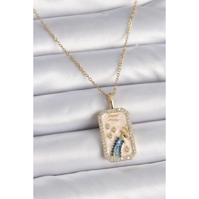 Dodes Dodes 316L Çelik Gold Renk Zincir Kova Burcu Zirkon Taşlı Kadın Kolye TG27BKO9458