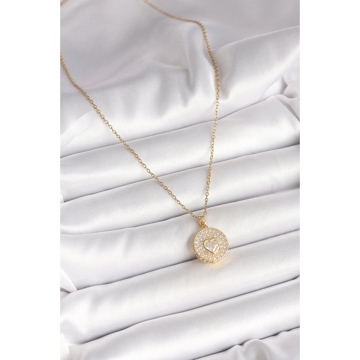 Dodes Dodes 316L Çelik Gold Renk Zincir Madalyon Zirkon Taşlı Kalp Model Kadın Kolye TG27BKO9946