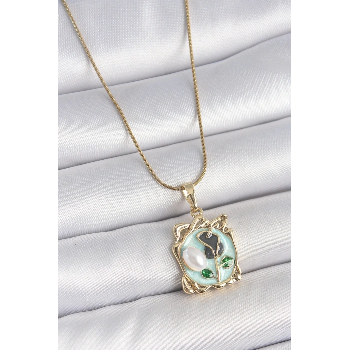 Dodes Dodes 316L Çelik Gold Renk Zincir Mavi Mineli Çiçek İşlemeli İnci Detay Portre Model Kadın Kolye TG27BKO10186