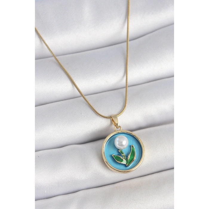 Dodes Dodes 316L Çelik Gold Renk Zincir Mavi Mineli İncili Çiçek İşlemeli Portre Model Kadın Kolye TG27BKO10191