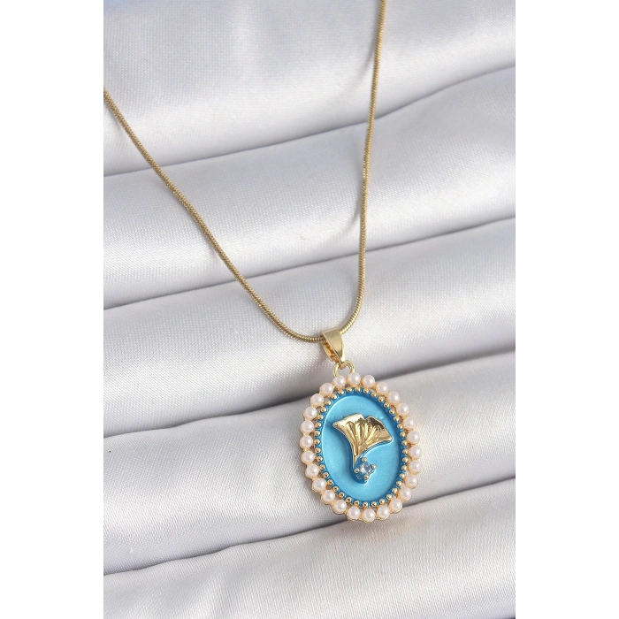 Dodes Dodes 316L Çelik Gold Renk Zincir Mavi Mineli İncili Zirkon Taşlı Çiçek İşlemeli Portre Model Kadın Kolye TG27BKO10196