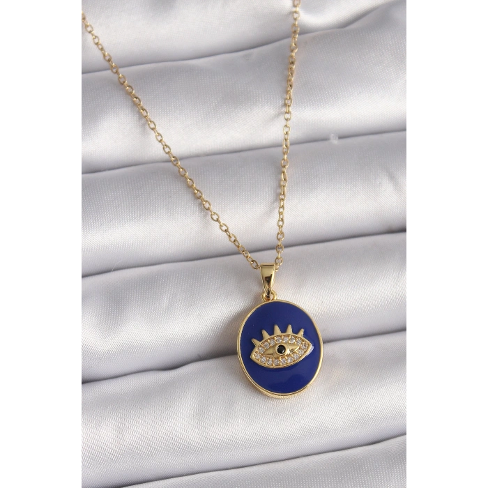 Dodes Dodes 316L Çelik Gold Renk Zincir Mavi Mineli Zirkon Taşlı Göz İşleme Kadın Kolye TG27BKO9505